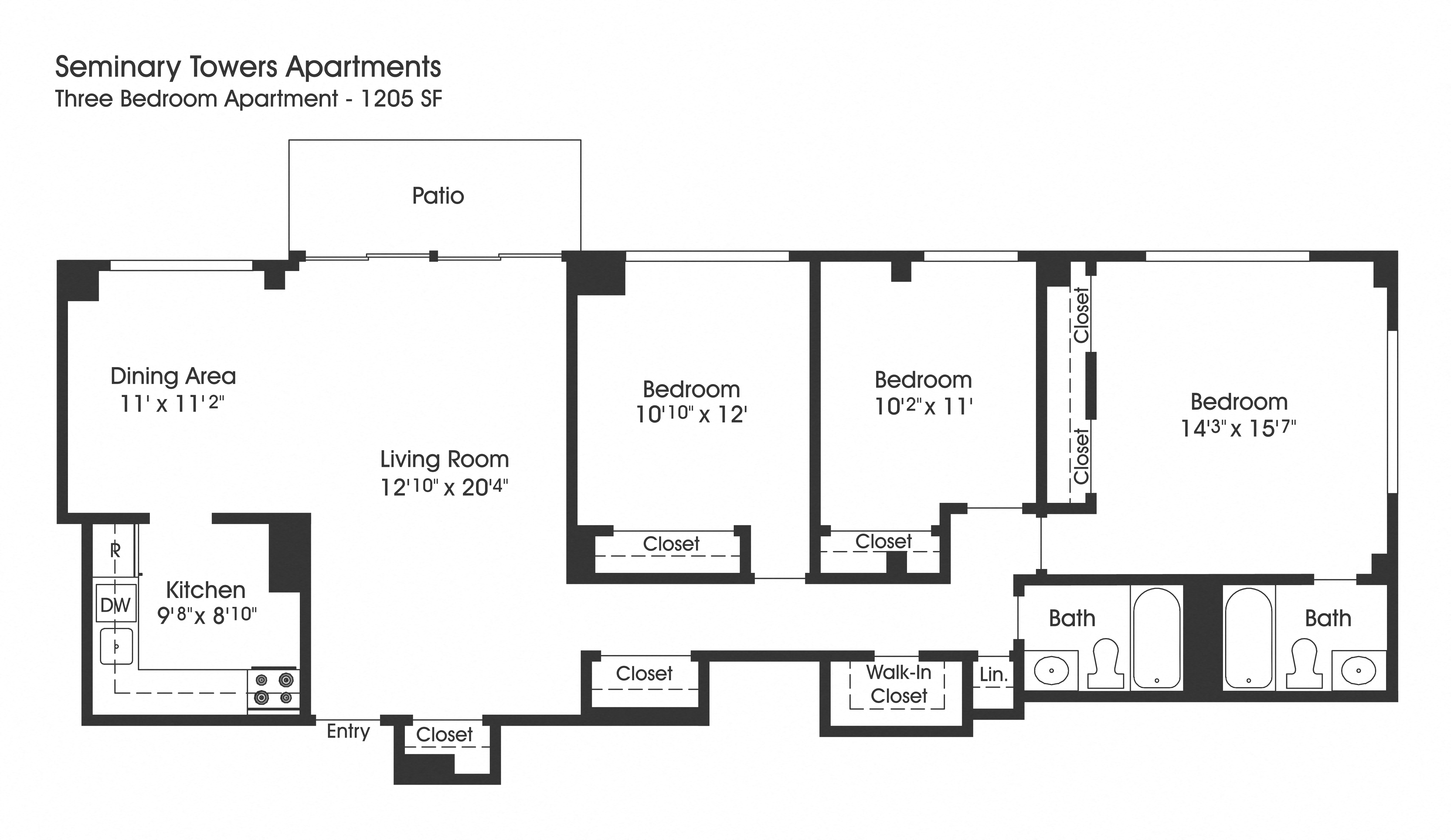Floor plan for 3 beds, 2 baths, 1205 sqft
